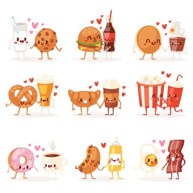Food kawaii vector cartoon expression characters of fastfood hamburger loving doughnut emoticon illustration valentines set of burger emotion kissing coffee emoji in love isolated on white background clipart