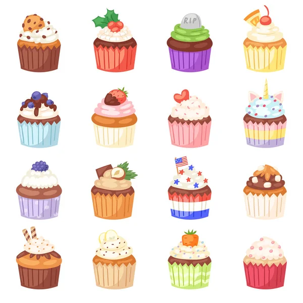 Cupcake vector muffin en zoet gebak dessert met bessen of aangekoekt snoepgoed snoepjes illustratie set met room en snoep in bakkerij voor verjaardagspartij geïsoleerd op witte achtergrond — Stockvector