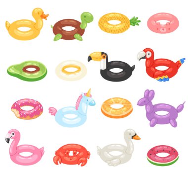 Şişme vektör şişirilmiş yüzme halka ve hayat-enflasyon kauçuk oyuncaklar flamingo ve beyaz arka plan üzerinde izole çörek yaz tatil resimde kümesi için havuzu ringde