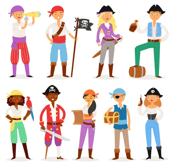 Pirat wektor znak piracki buccaneer mężczyzna lub kobieta w kostium piractwa w kapeluszu miecz ilustracja zestaw piractwo żeglarz osoby z skarb na białym tle — Wektor stockowy