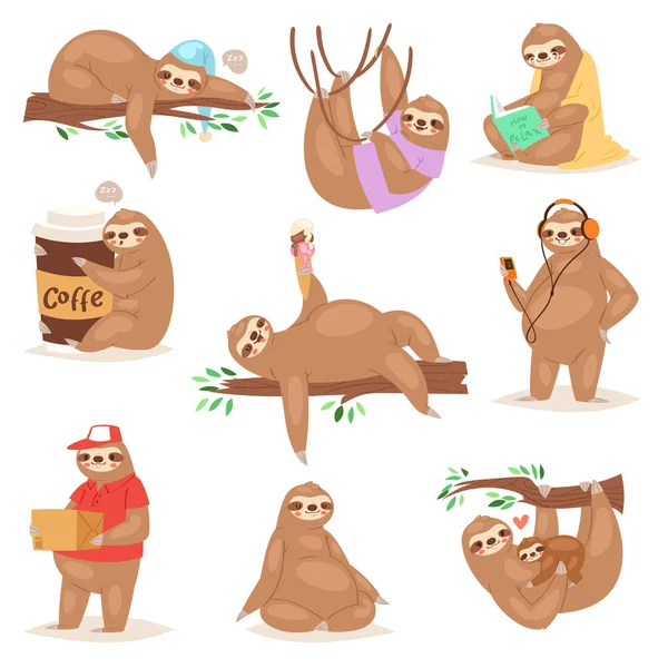 Sloth vector slothful animal character playing or sleeping in slothfulness illustration set of lazy sloths reading book or eating icecream lazily isolated on white background — Stock Vector