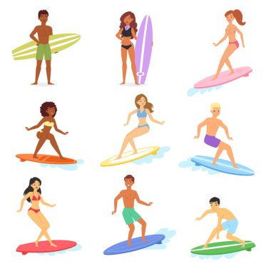 Vektör insanlar okyanus ve erkek ya da kadın sörfçü karakter karikatür genç sporcu beyaz arka plan üzerinde izole wakeboard üzerinde sörf tahtası illüstrasyon sette sörf sörf.