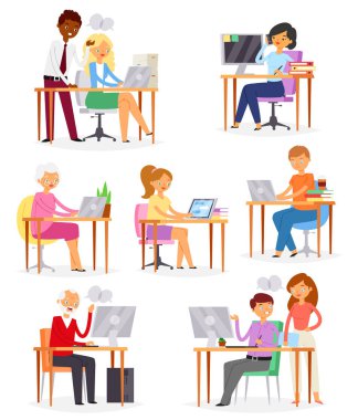 İnsanlar iş yerinde vektör iş işçi veya office illüstrasyon kadın ya da erkek karakter kümesi masada dizüstü bilgisayar ile beyaz arka plan üzerinde izole iş yeri üzerinde çalışan kişi