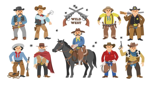 Kovboy vektör Batı kovboy rodeo ve Vahşi Batı Şerif hat illüstrasyon yaban hayatı küme silahlı beyaz arka plan üzerinde izole karikatür wildwest adam için çılgınca karakter at üzerinde — Stok Vektör