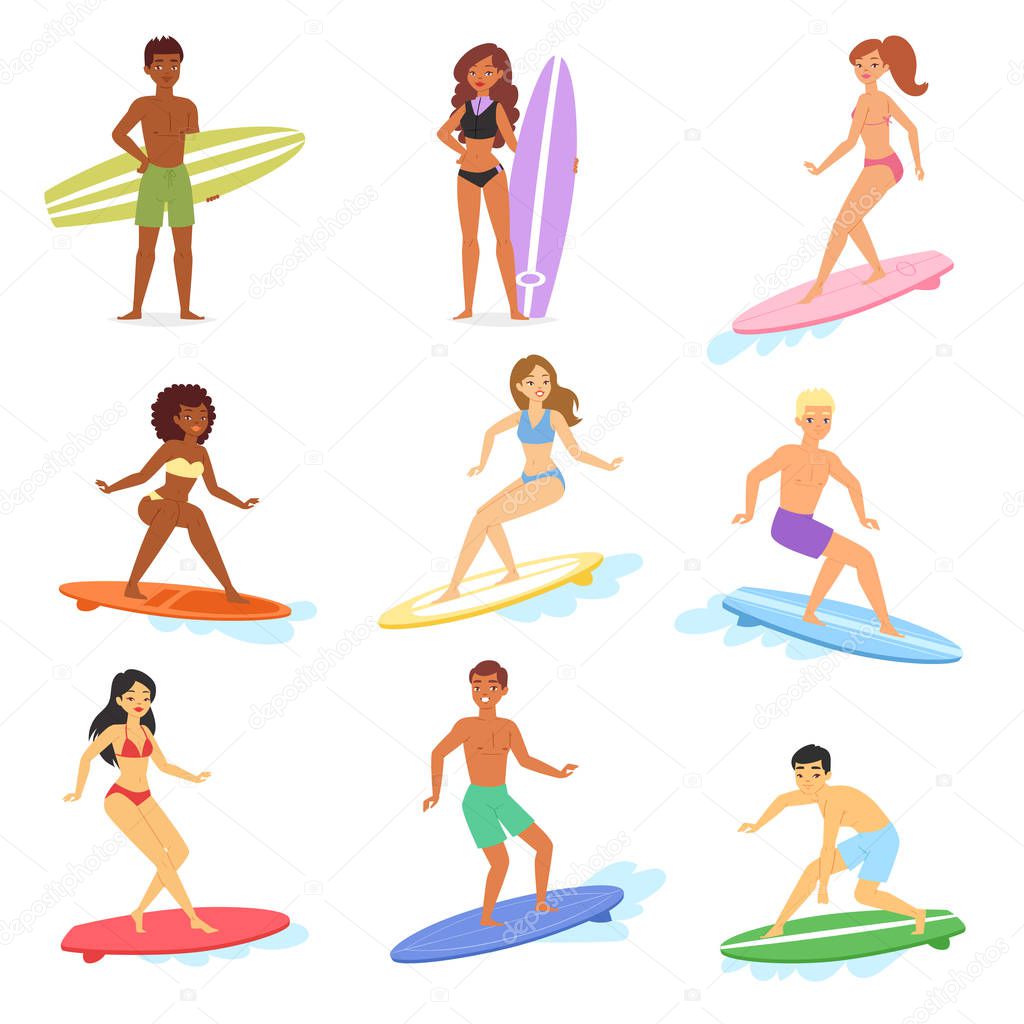 Surf vector people surfing in ocean and man or woman surfer character on surfboard illustration set of cartoon young sportsman on wakeboard isolated on white background.