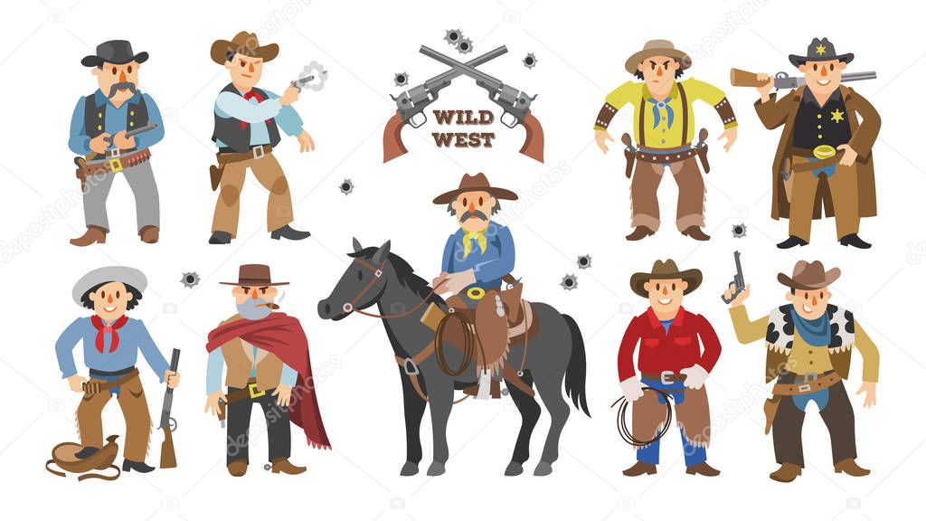 Cowboy vector western cow boy on wildly horse character for rodeo and wild west sheriff in hat illustration wildlife set of cartoon wildwest man with gun isolated on white background