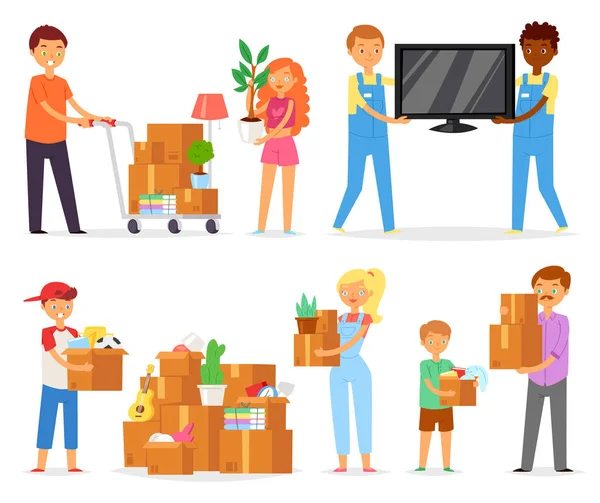Människor som flyttar vector familj med barn packa lådor eller paket att flytta till ny lägenhet illustration uppsättning kvinnan och mannen tecken förpackning box i hus isolerat på vit bakgrund — Stock vektor