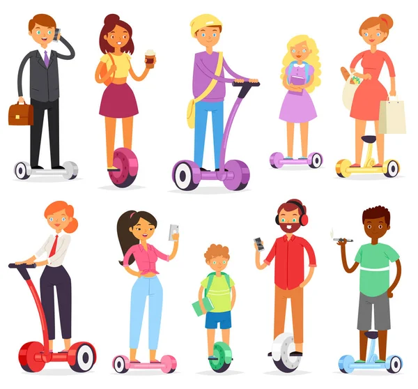 Les gens sur hoverboard personnage vecteur sur segway et homme d'affaires sur gyroscooter illustration ensemble de l'homme équilibrage sur monowheel électrique ou balanceboard isolé sur fond blanc — Image vectorielle