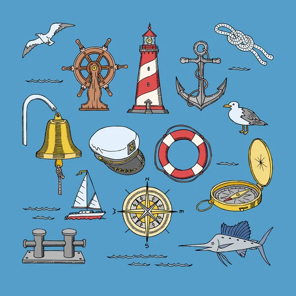 Meeresvektor Marine oder nautische Symbole Leuchtturm und Schiffsrad Illustration maritime Reihe von Segelboot Anker oder Rettungsring mit Möwe isoliert auf dem Hintergrund — Stockvektor