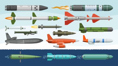 Missile vector military missilery rocket weapon and ballistic nuclear bomb illustration militarily set of rocket-propelled warhead isolated on background clipart