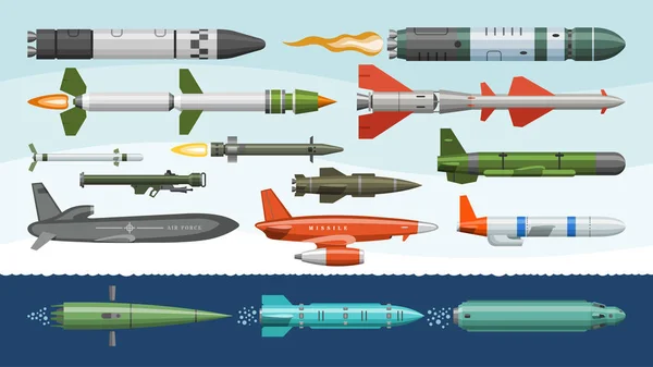 Bronią rakietową wektor wojskowy missilery rakiet i balistycznych bomby atomowej ilustracja militarnie zestaw z napędem rakietowym warhead na białym tle na tle — Wektor stockowy