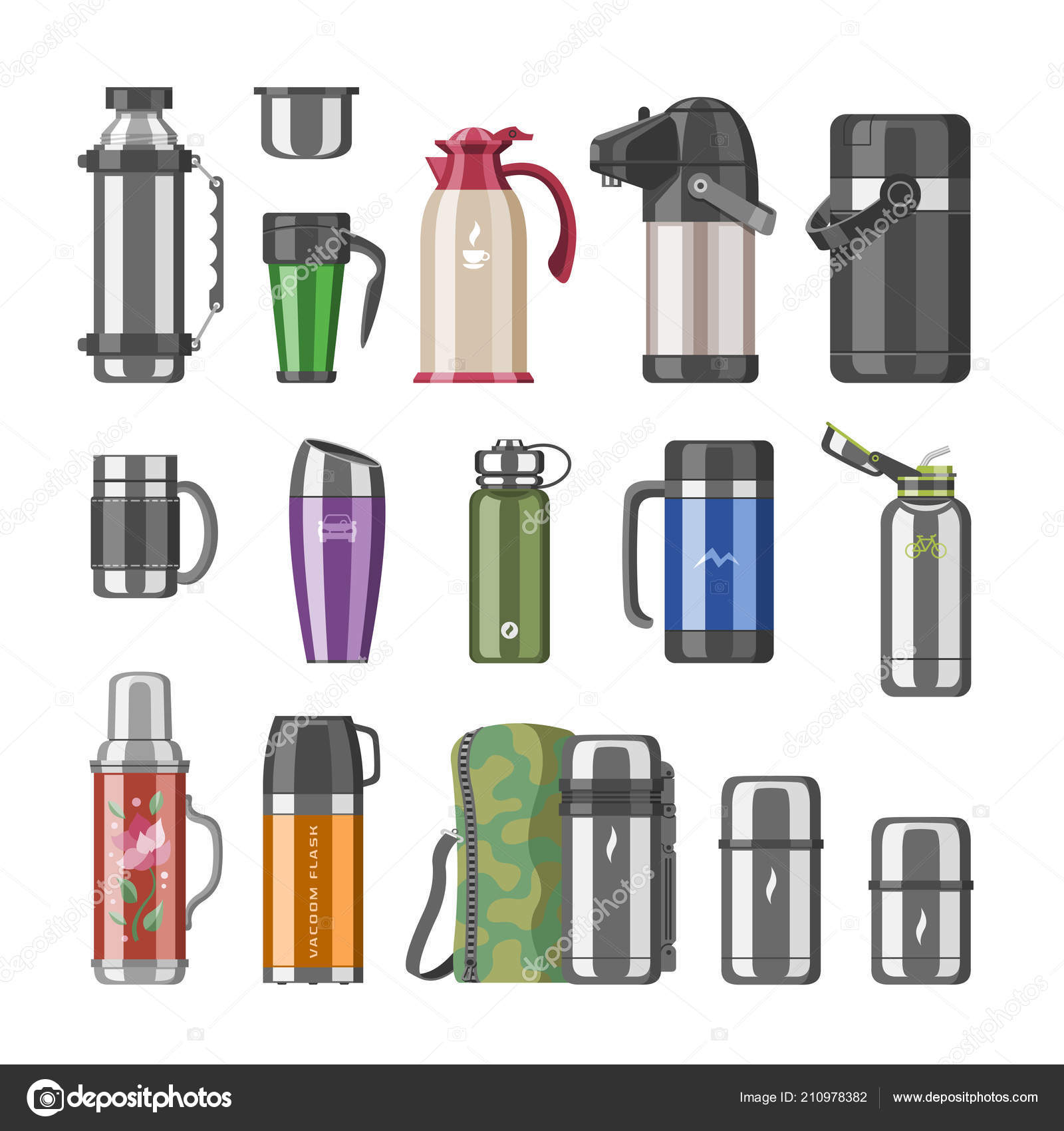 Thermos vector vacuum flask or stainless bottle with hot drink coffee or tea  illustration set of metal bottled container or aluminum mug isolated on  white background Stock Vector by ©VectorShow 210978382