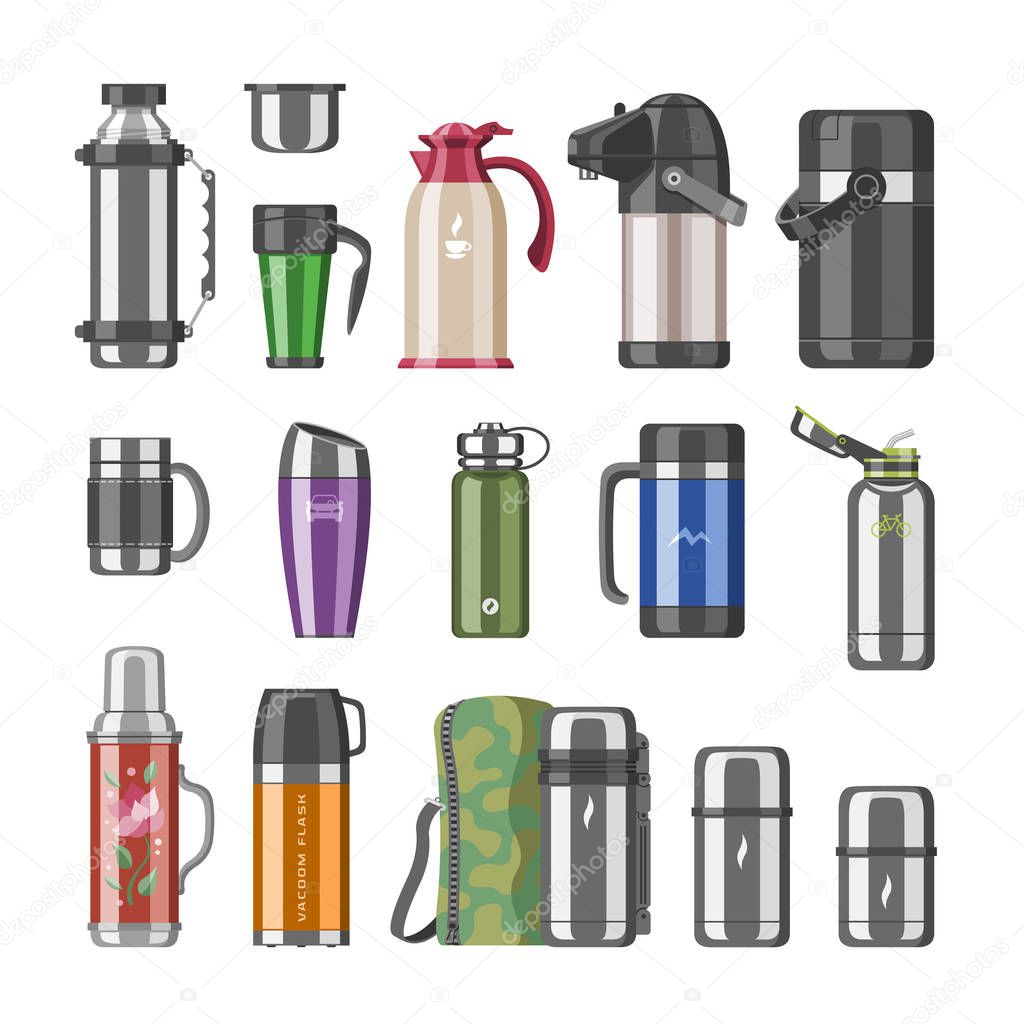 Thermos vector vacuum flask or stainless bottle with hot drink coffee or tea illustration set of metal bottled container or aluminum mug isolated on white background
