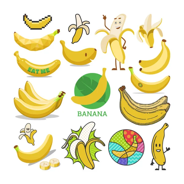 Banana vettore giallo frutta tropicale o sano spuntino fruttato di cibo biologico dieta banana-split illustrazione set di cartone animato banane emoticon isolato su sfondo bianco — Vettoriale Stock