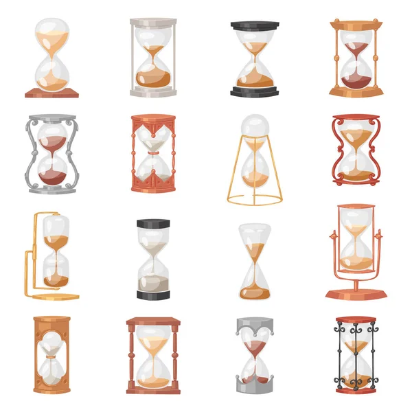 Κλεψύδρα διάνυσμα γυάλινο ρολόι με ρέει άμμο και η κλεψύδρα χρονομετρηθεί σε εικονογράφηση ώρα χρονομετρά συναγερμού χρονιστή αντίστροφης μέτρησης χρόνου σύνολο απομονώνονται σε λευκό φόντο — Διανυσματικό Αρχείο