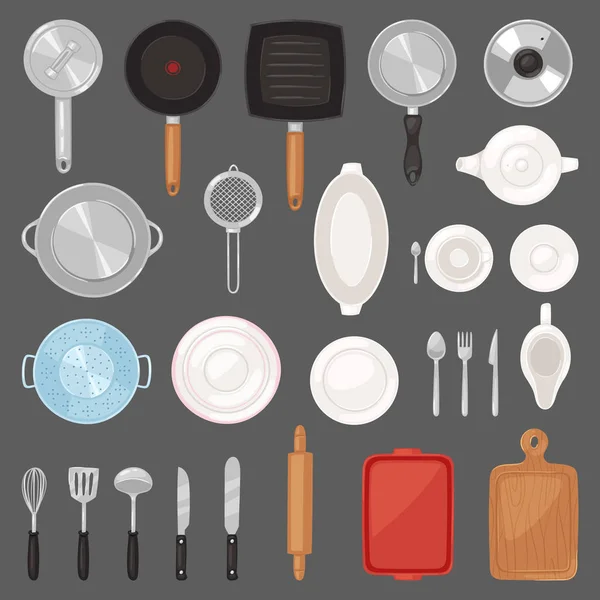 キッチン用品キッチン用品や調理器具調理パン刃物の食品セットと背景に分離した鍋やフライパン食器プレート図をベクトルします。 — ストックベクタ