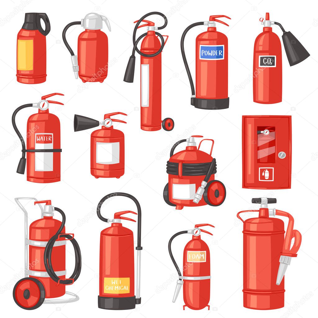 Fire extinguisher vector fire-extinguisher for safety and protection to extinguish fire illustration set of extinguishing equipment of firefighter isolated on white background