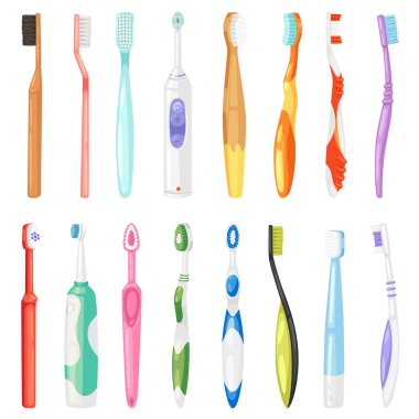 Beyaz arka plan üzerinde izole fırça aracının Toothbrushe vektör dişlerle ilgili sağlık bilgisi diş fırçası teethwith diş macunu illüstrasyon diş hekimliği fırçalama için ayarla