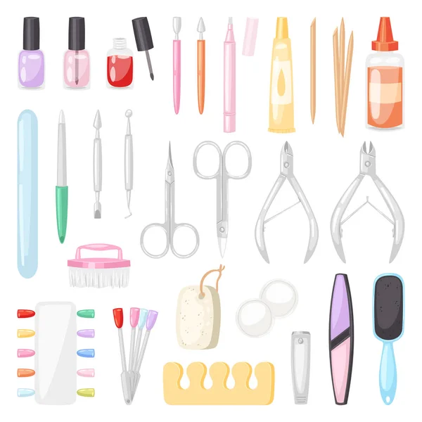 Manucure vectorielle pédicure et manucure accessoire ou outils lime à ongles ou ciseaux de manucure en barre à ongles illustration ensemble de vernis à ongles pour les mains manucurées isolé sur fond blanc — Image vectorielle