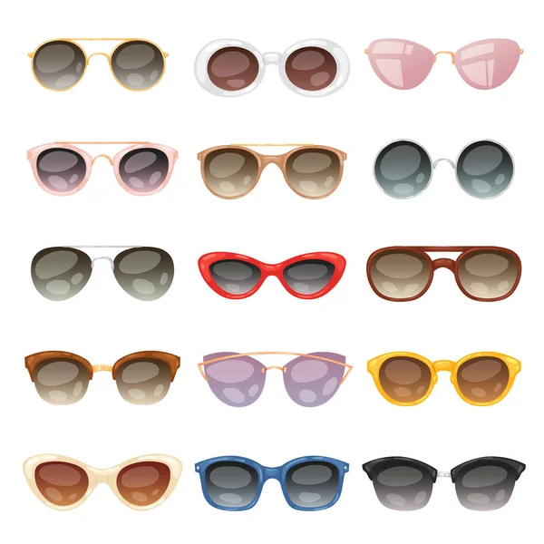 Lunettes de soleil lunettes de dessin animé vectoriel ou lunettes de soleil dans des formes élégantes pour la fête et la mode lunettes optiques ensemble d'accessoires de vue illustration isolée sur fond blanc — Image vectorielle