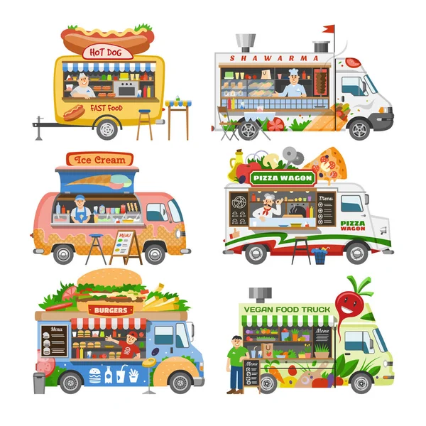 Caminhão de comida vetor rua veículo de comida-caminhão e transporte de entrega de fast food com cachorro-quente ou pizza ilustração conjunto de homem personagem vendendo em foodtruck isolado no fundo branco — Vetor de Stock