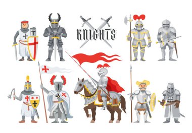 Şövalye vektör Ortaçağ şövalyelik ve kask zırh ve knightage kılıç resimde kümesi şövalyelik adam beyaz arka plan üzerinde izole atlı şövalye karakter insanlarla