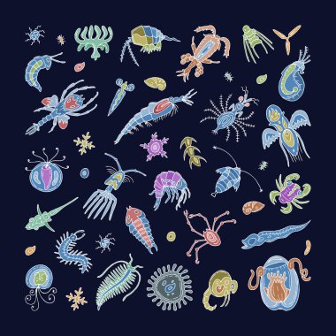 Plankton vector aquatic phytoplankton and planktonic microorganism under microscope illustration set of micro cell organism in microbiology underwater in ocean or sea isolated on background clipart