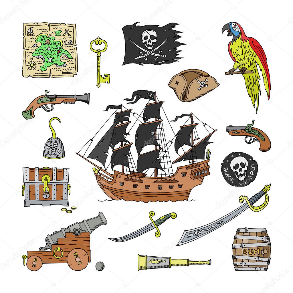 Piratic vector pirating sailboat and parrot character of pirot or buccaneer illustration set of piracy signs hat or sword and ship with black sails isolated on white background