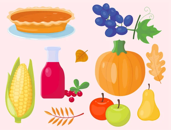 Iconos de dibujos animados coloridos para el día de acción de gracias calabaza vacaciones vector otoño diseño hoja temporada celebración — Vector de stock