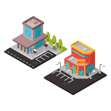 Vektör ofis ve alışveriş merkezi izometrik binalar izole