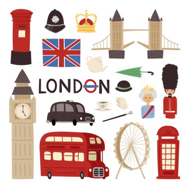 Londra seyahat simgeler İngilizce set şehir bayrak Avrupa Kültür İngiltere Turizm İngiltere'de geleneksel vektör çizim.