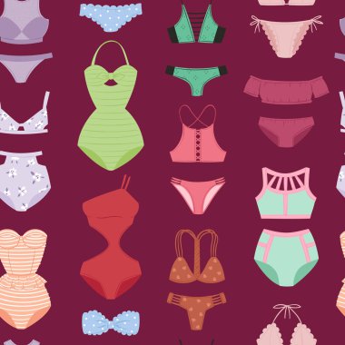 Mayo kadın modelleri koleksiyonu vektör çizim kızlar klasik yaz plaj moda vintage bikini koleksiyonu Dikişsiz desen arka planı Tasarla