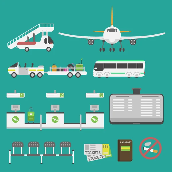 Flyg flygplats transport symboler platt design illustration station konceptet air port symboler avresa bagage planet business vektor — Stock vektor