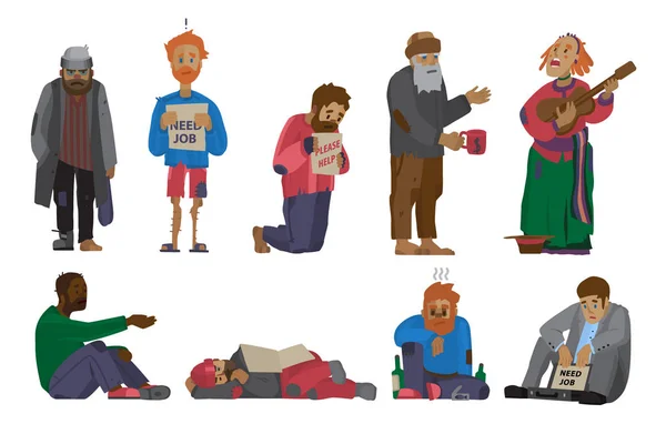 Personas sin hogar personajes cadger conjunto desempleo hombres que necesitan ayuda vagabundos y vagabundos ilustraciones vector perdido . — Vector de stock