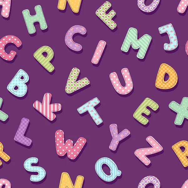 Patchwork Alphabet Typografie Buchstaben niedlich vintage chic Stil Dekoration Vektor Illustration nahtlose Muster Hintergrund — Stockvektor
