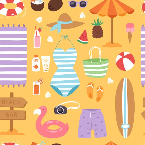 Verano moda playa mar tiempo traje de baño ropa y accesorios vector ilustración sin costuras patrón de fondo — Vector de stock