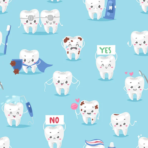 Personagem do dente mascote clínica dental personagem com uma escova de dentes sem costura padrão fundo vetor ilustração —  Vetores de Stock