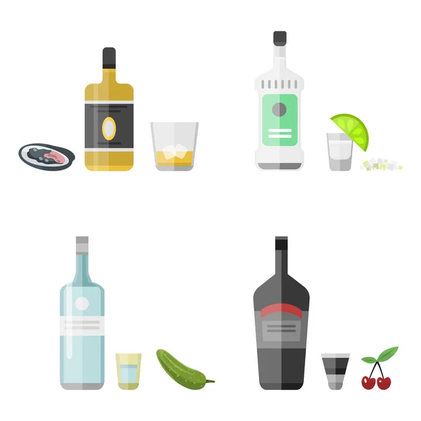 Bebidas alcohólicas bebidas cóctel aperitivo botella lager contenedor borracho diferentes bocadillos vasos vector ilustración . — Vector de stock