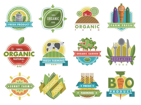 Comida vegetariana orgánica fresca sana logotipo naturaleza producto vector iconos — Vector de stock