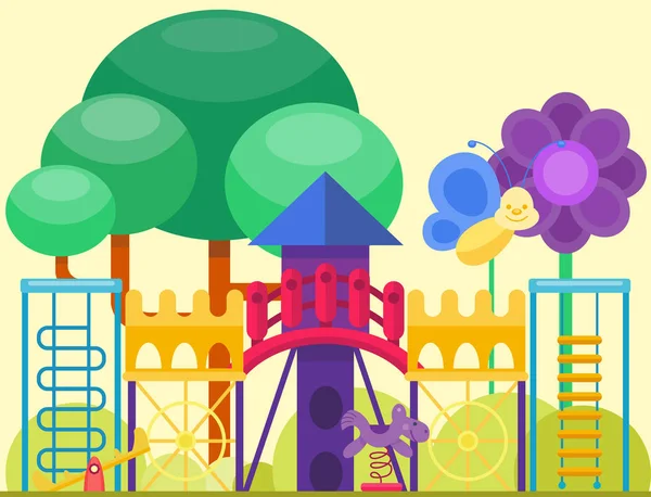 儿童游乐场趣味童年戏剧公园活动平面矢量插图 — 图库矢量图片