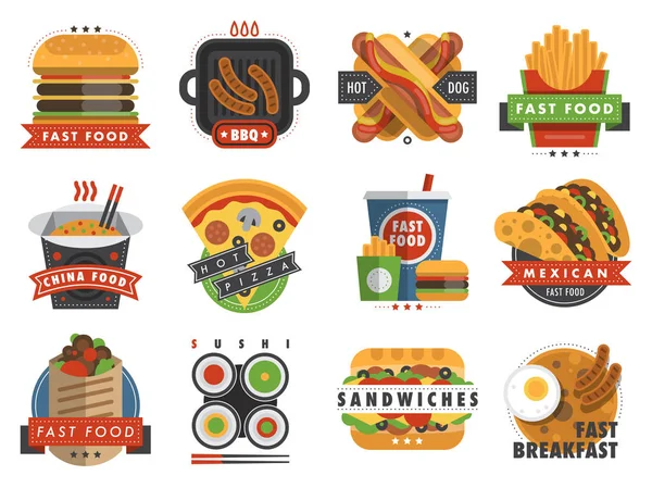 Comida rápida etiqueta plana logotipo emblema restaurante sabroso servicio de entrega de insignias vector ilustración — Vector de stock