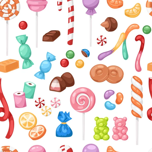 Dibujos animados dulces bombones dulces dulces niños alimentos dulces mega colección sin costuras patrón de fondo — Vector de stock