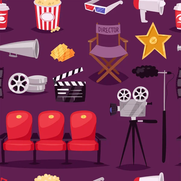 Película de cine haciendo que el equipo de TV muestre herramientas símbolos iconos vector conjunto sin costuras patrón de fondo  . — Archivo Imágenes Vectoriales