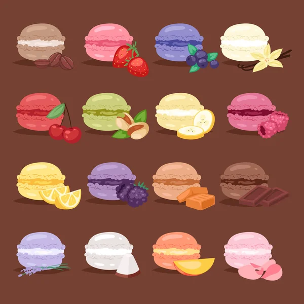 Macarons gustosa torta set diversi colori macaroon s con illustrazione vettoriale di frutta — Vettoriale Stock