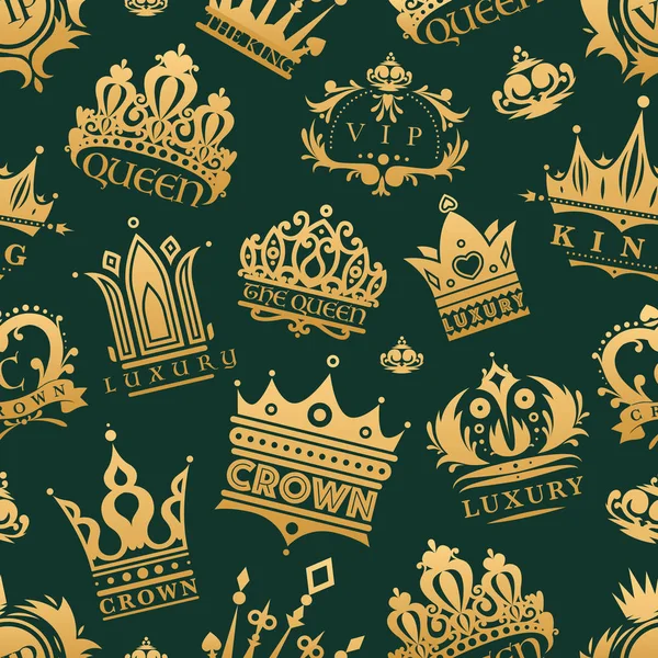 Couronne d'or roi icônes ensemble noblesse collection vintage bijoux signe vectoriel illustration sans couture motif fond — Image vectorielle