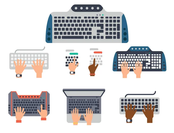 Los usuarios manos en el teclado y el ratón de la tecnología informática de Internet herramienta de mecanografía trabajo vector ilustración — Vector de stock