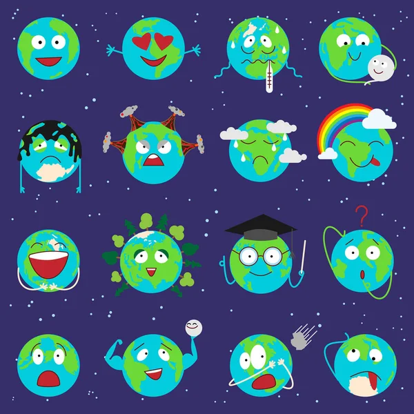 漫画の世界地球感情顔文字式の惑星世界ベクトル図. — ストックベクタ