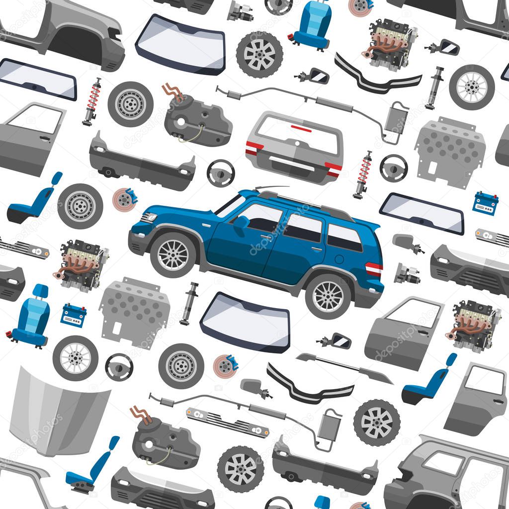 Car service parts flat auto mechanic repair of machines and equipment vector seamless pattern background
