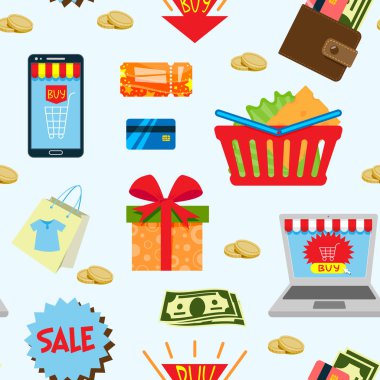 Süpermarket web karikatür alışveriş gıda ve ticaret ürünleri beyaz vektör Dikişsiz desen arka plan üzerinde izole dükkanı Icons set .