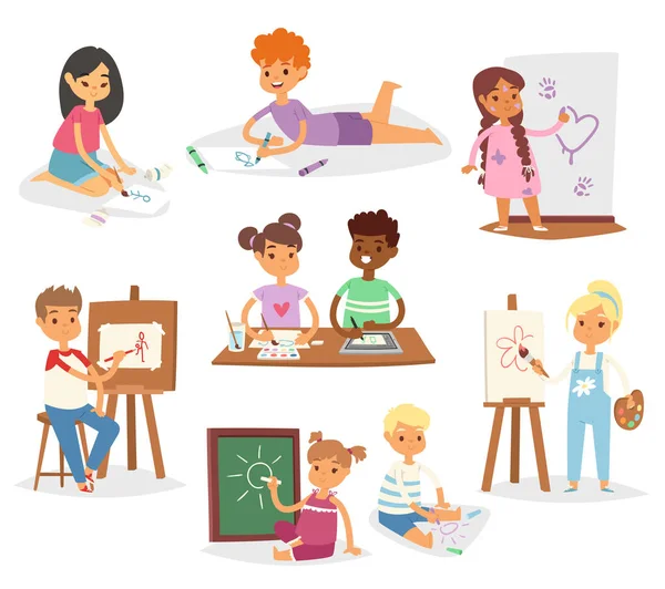 Artista vector niños niños pintura haciendo arte creativo artista joven con pinceles y pintura escuela niños conjunto de dibujos animados personajes colección — Vector de stock